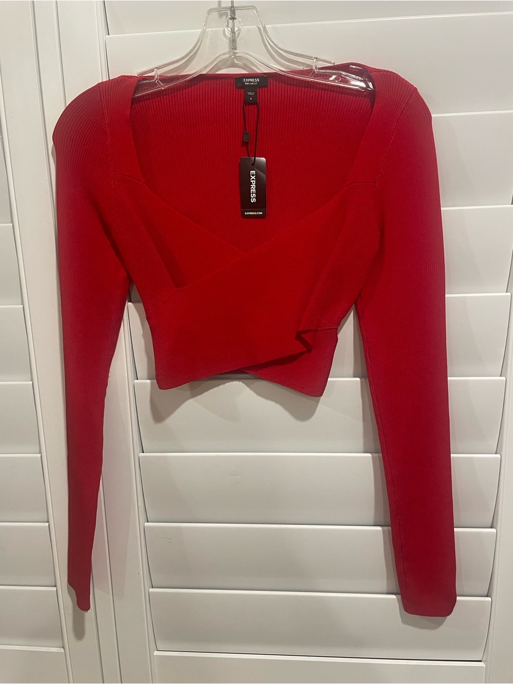 Express Red Long-Sleeve Wrap Ribbed Crop Top